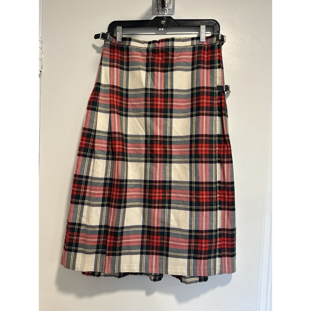 VTG 70s Aston Scottish Red White tartan wool kilts Sz:14 Adjustable Buckle